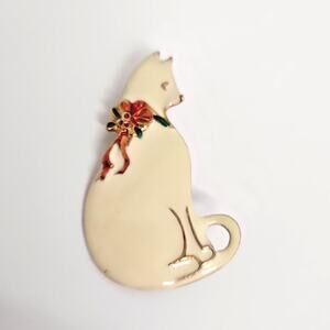 Vintage Enamel Cream Color Cat Brooch with Red and Green Holiday Bow 2.25" Tall